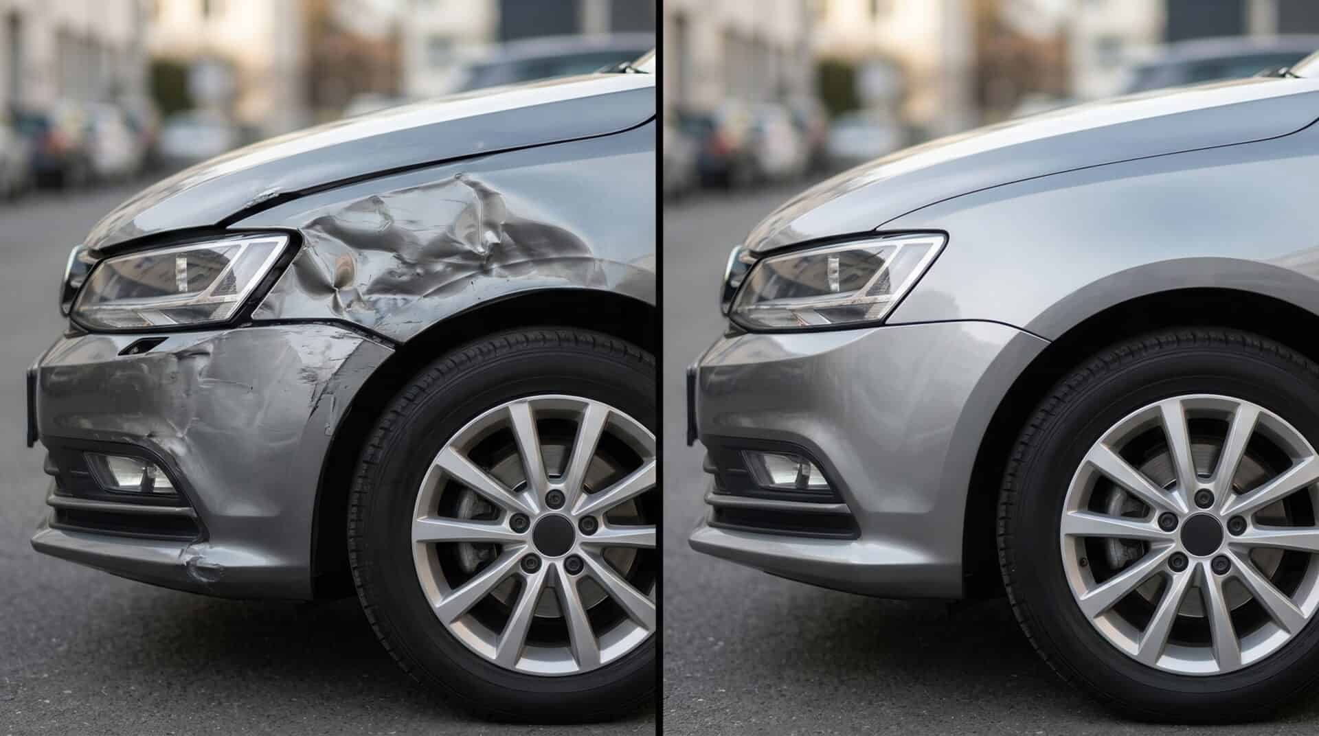 Before and after car park damage repair on a vehicle